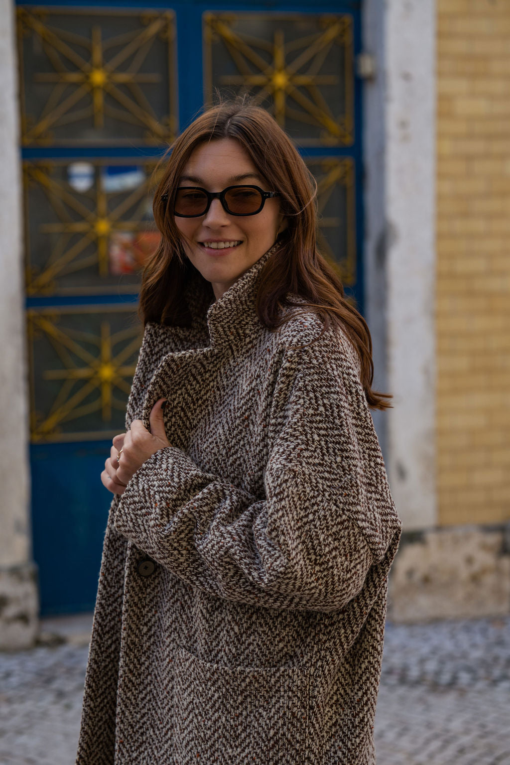 Portuguese Wool Pieper Coat in Heathered Brown and Cream Herringbone Made to Order