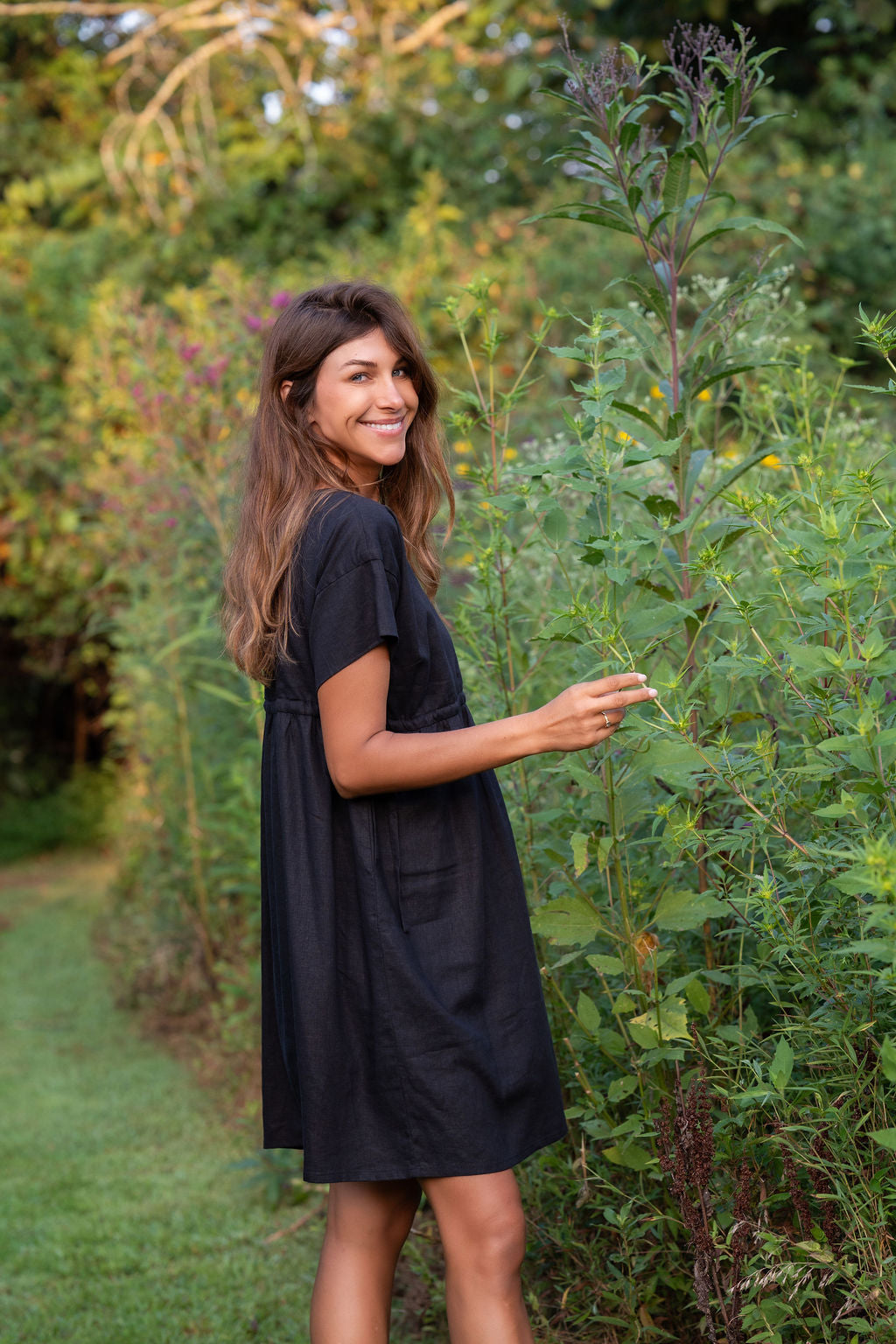 Rose Drawstring Dress in Dark Brown Linen