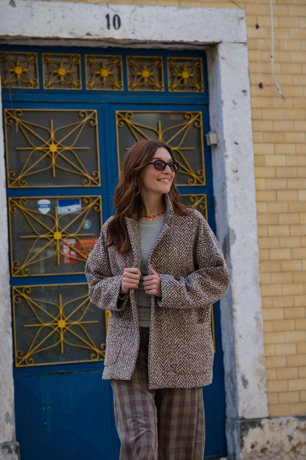 Portuguese Wool Pieper Coat in Heathered Brown and Cream Herringbone Made to Order