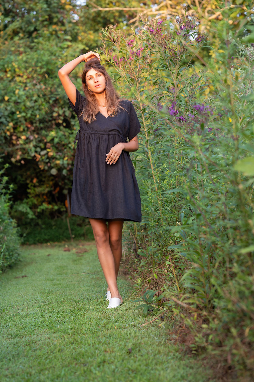 Rose Drawstring Dress in Dark Brown Linen