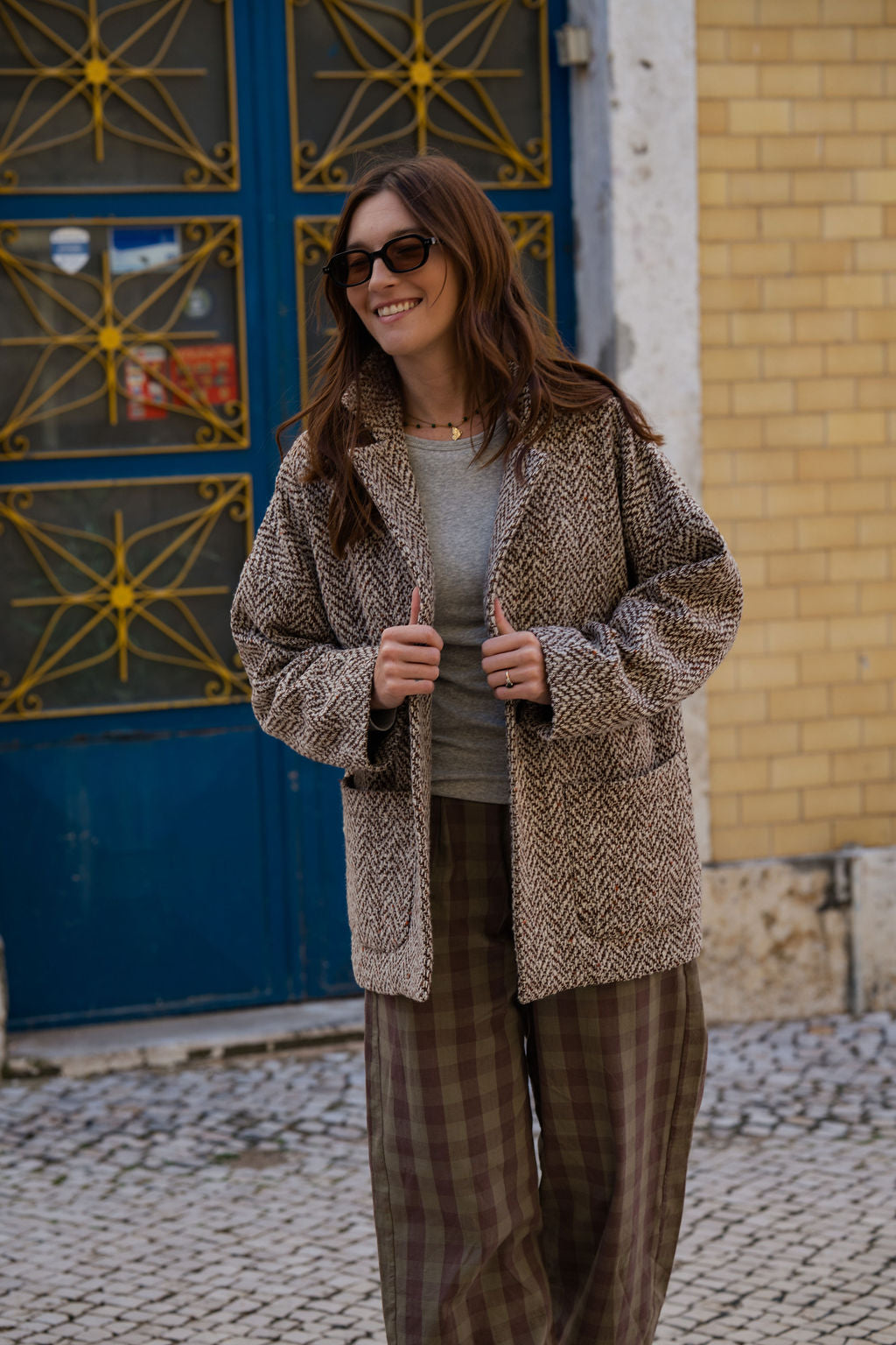 Portuguese Wool Pieper Coat in Heathered Brown and Cream Herringbone Made to Order