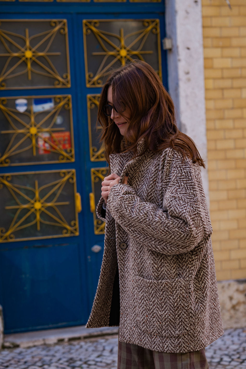 Portuguese Wool Pieper Coat in Heathered Brown and Cream Herringbone Made to Order