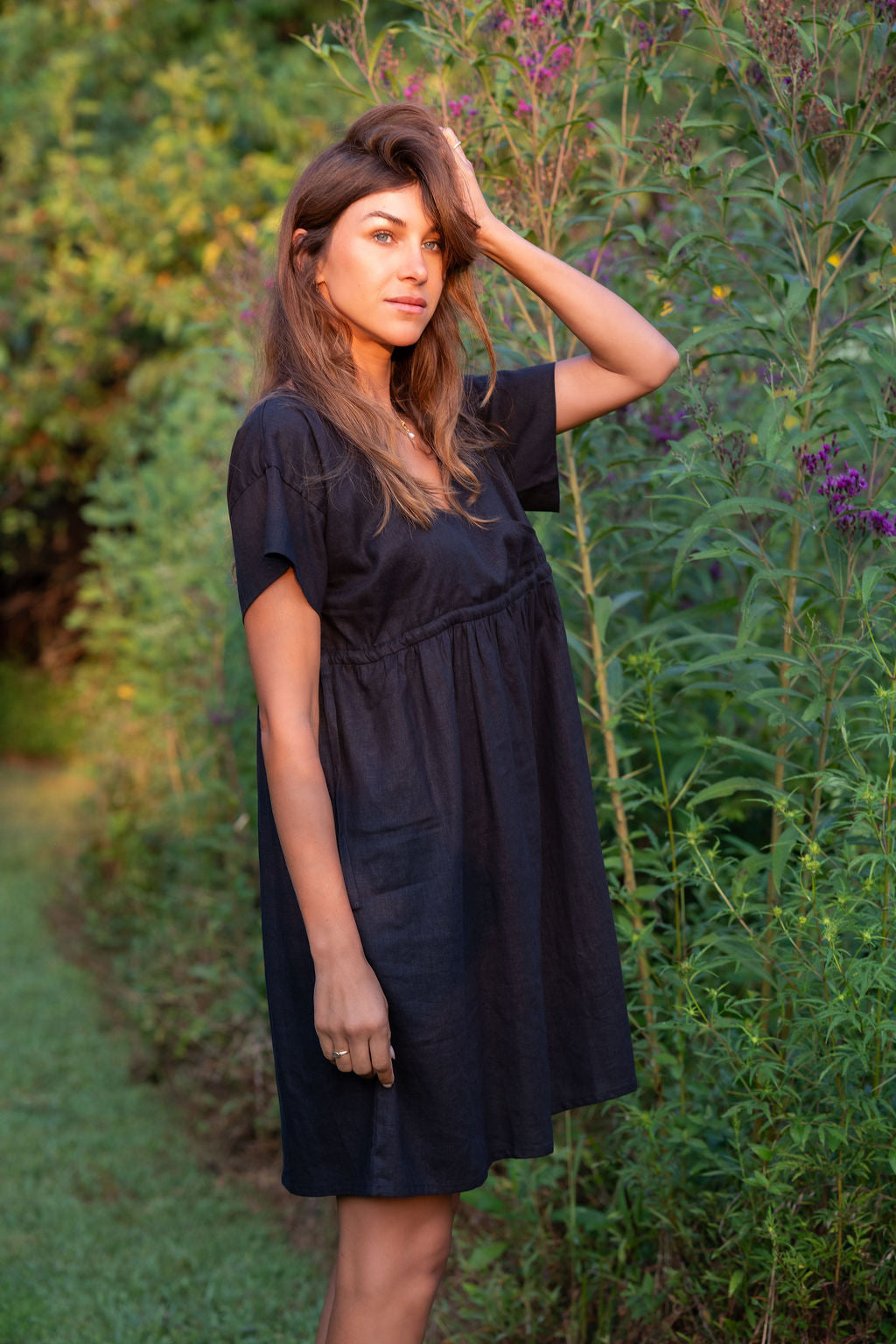 Rose Drawstring Dress in Dark Brown Linen