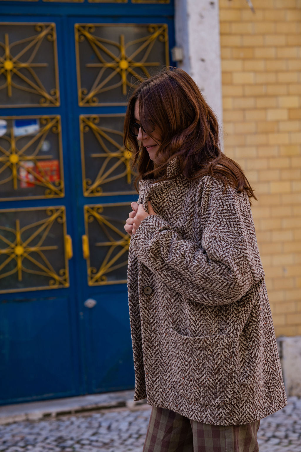 Portuguese Wool Pieper Coat in Heathered Brown and Cream Herringbone Made to Order