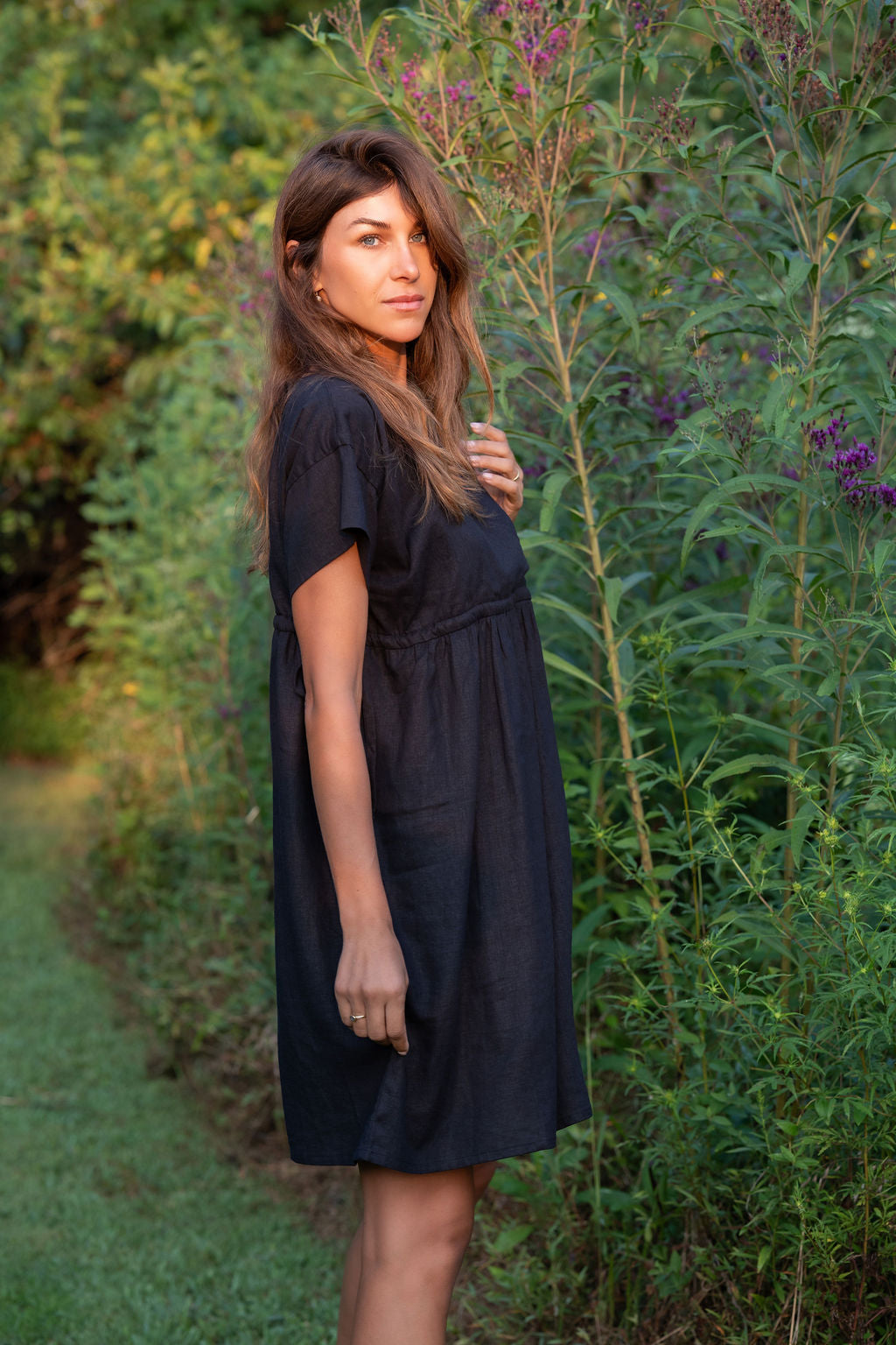 Rose Drawstring Dress in Dark Brown Linen