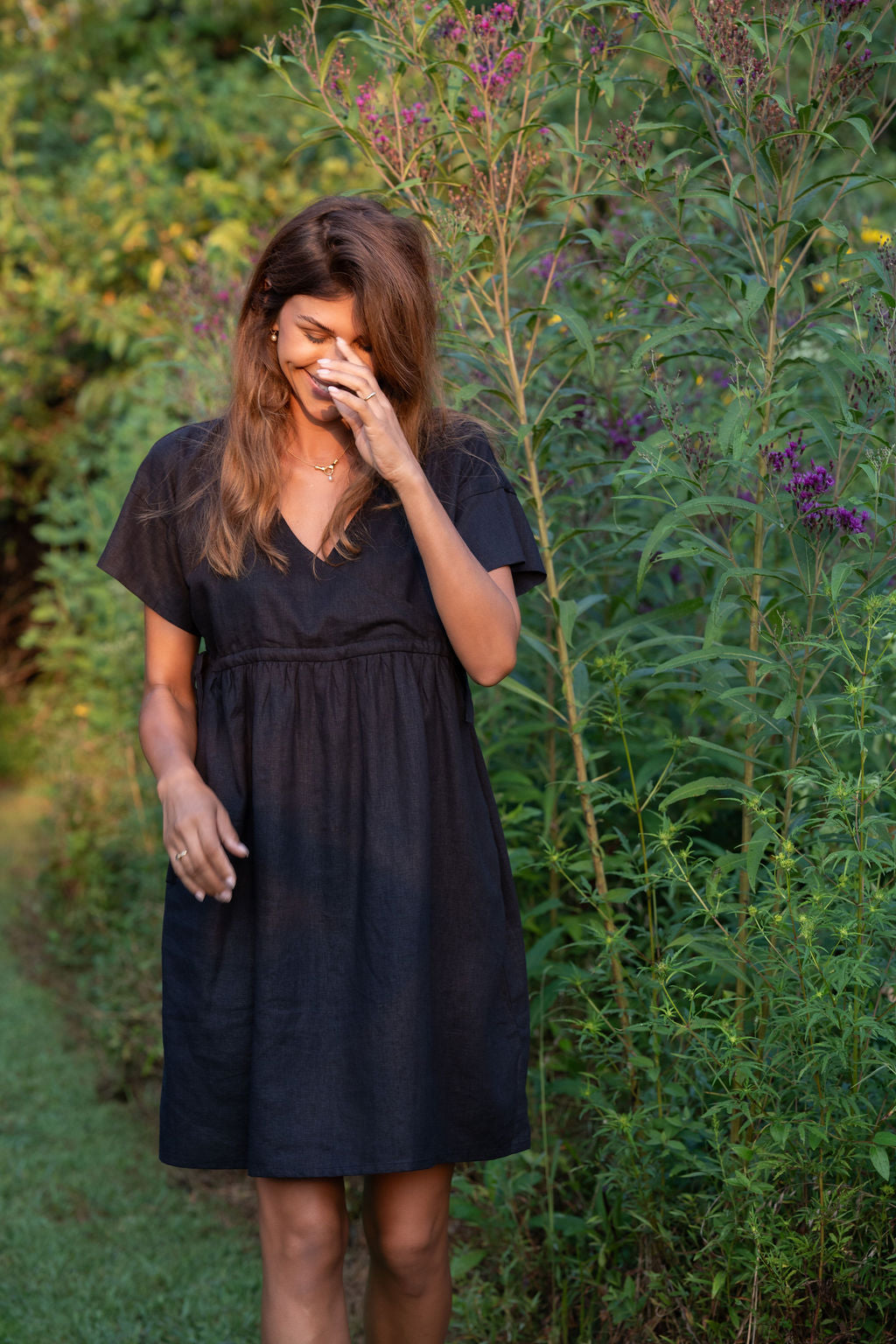 Rose Drawstring Dress in Dark Brown Linen