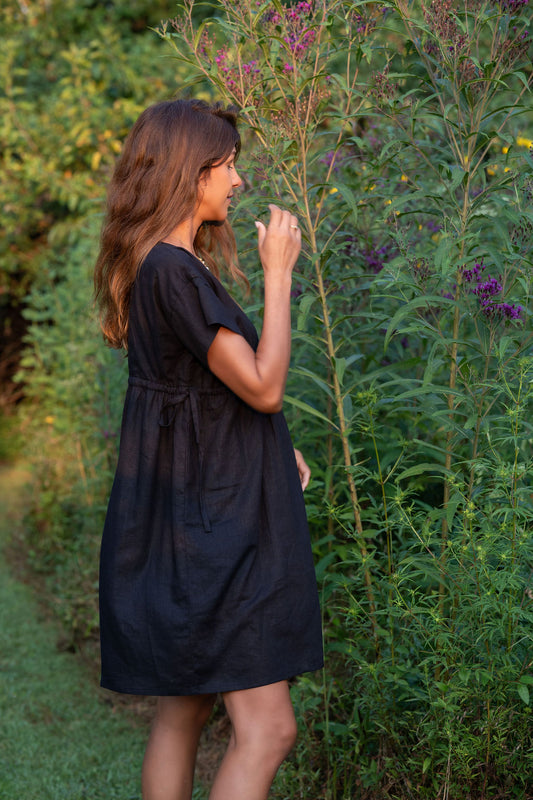 Rose Drawstring Dress in Dark Brown Linen