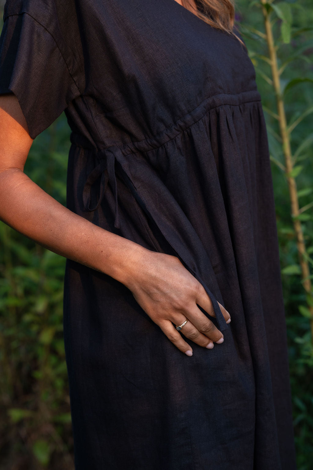Rose Drawstring Dress in Dark Brown Linen
