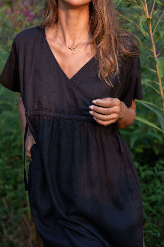 Rose Drawstring Dress in Dark Brown Linen