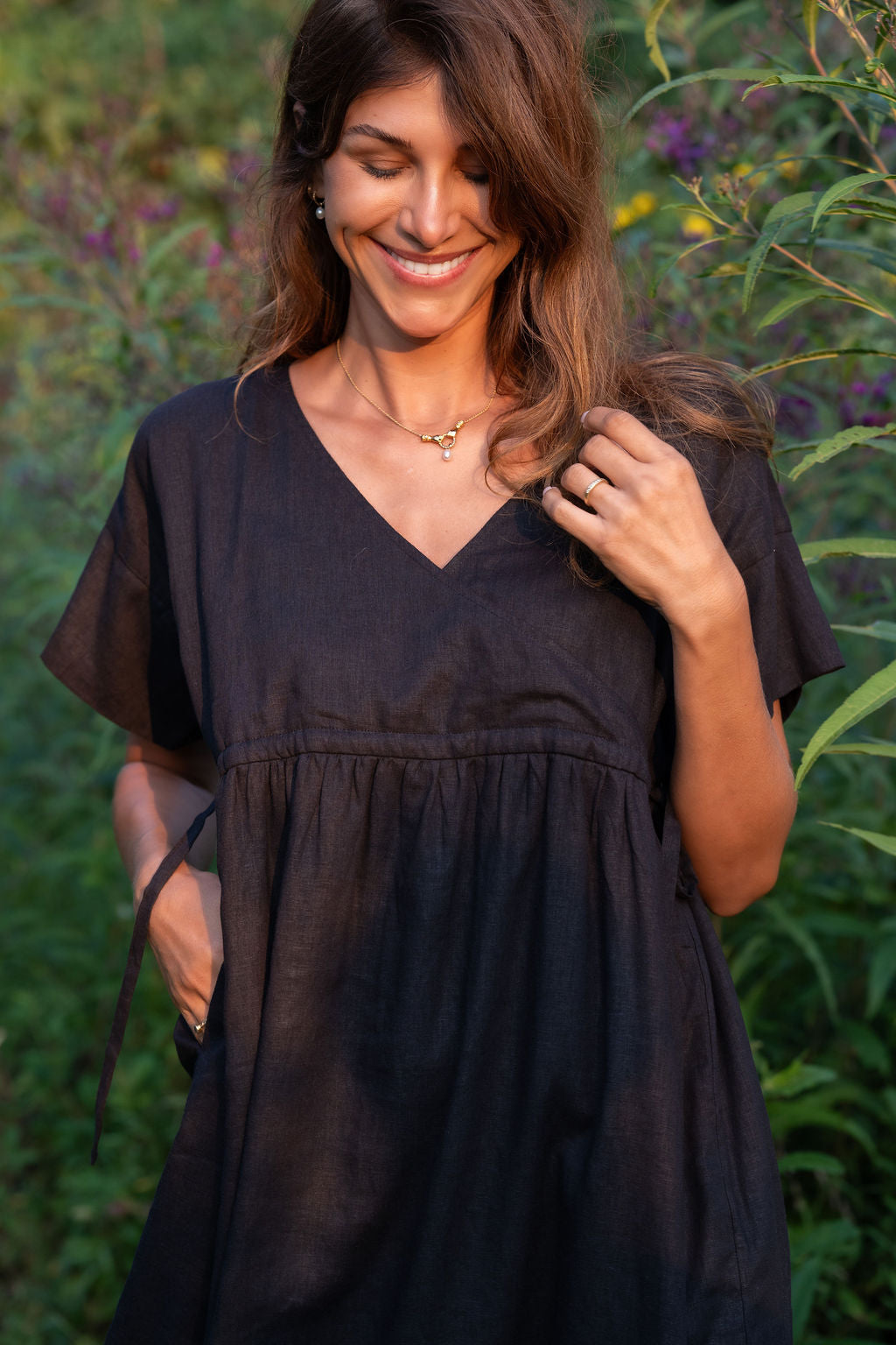 Rose Drawstring Dress in Dark Brown Linen