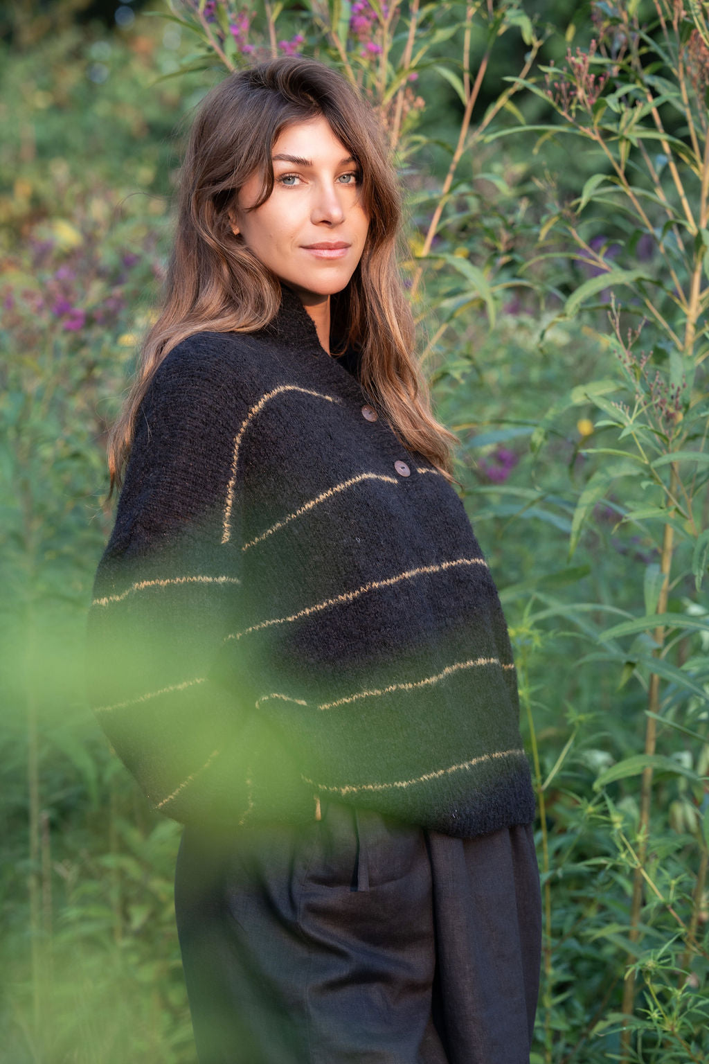 Edith Mohair Pullover Henley Sweater in Black and Moss Stripe Made to Order