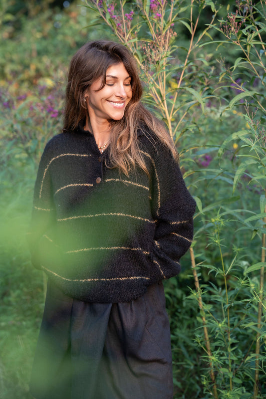 Edith Mohair Pullover Henley Sweater in Black and Moss Stripe Made to Order