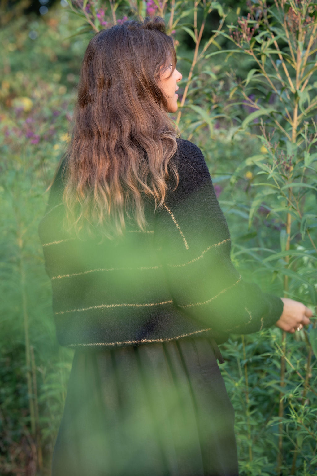 Edith Mohair Pullover Henley Sweater in Black and Moss Stripe Made to Order