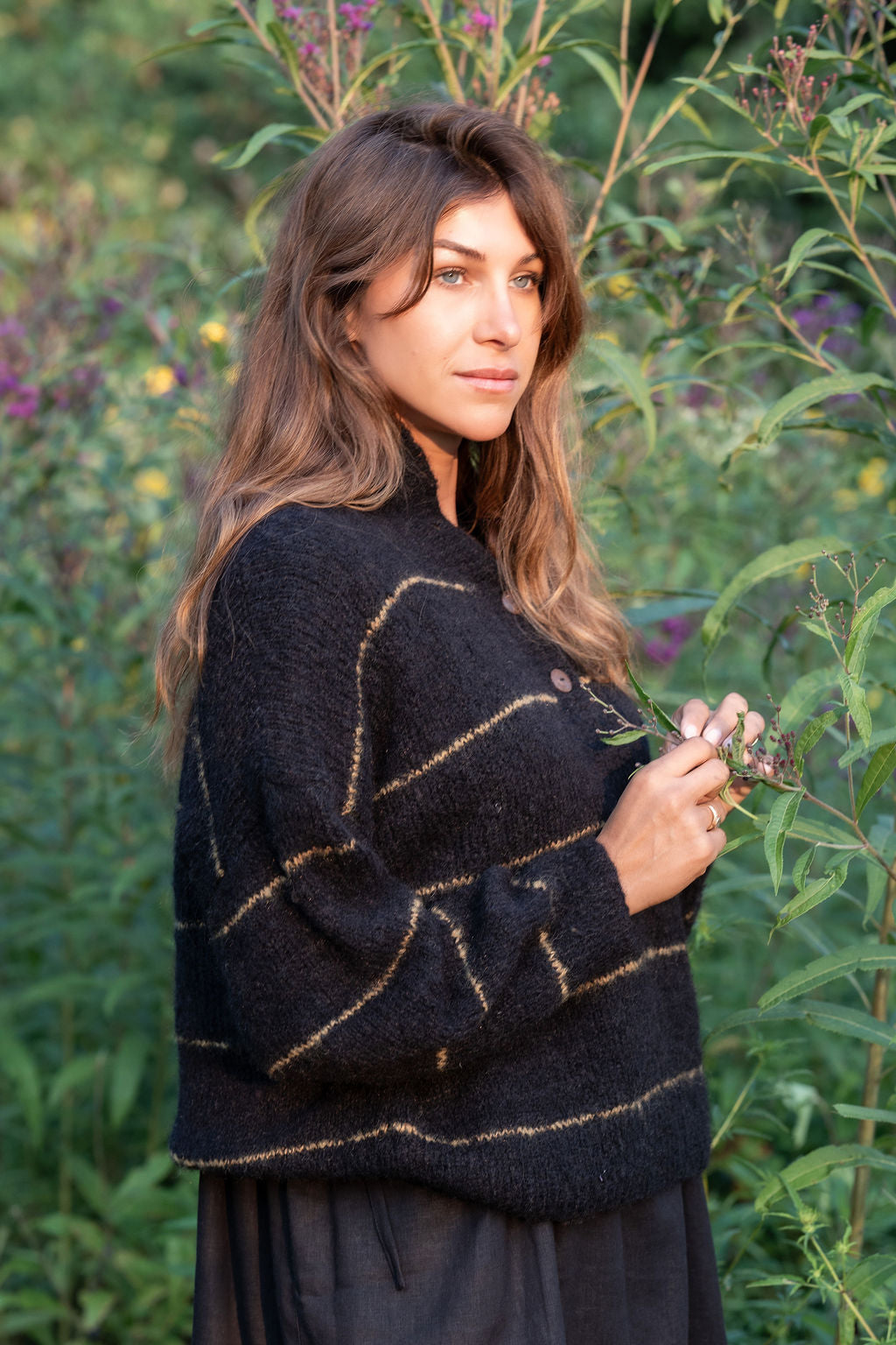Edith Mohair Pullover Henley Sweater in Black and Moss Stripe Made to Order
