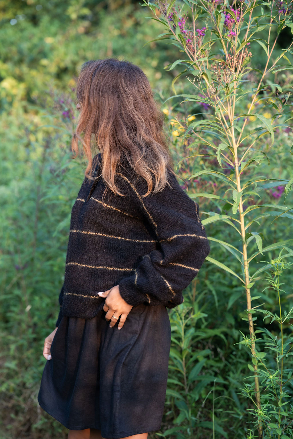 Edith Mohair Pullover Henley Sweater in Black and Moss Stripe Made to Order
