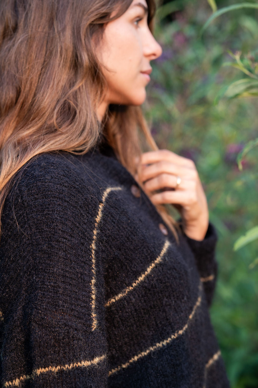 Edith Mohair Pullover Henley Sweater in Black and Moss Stripe Made to Order