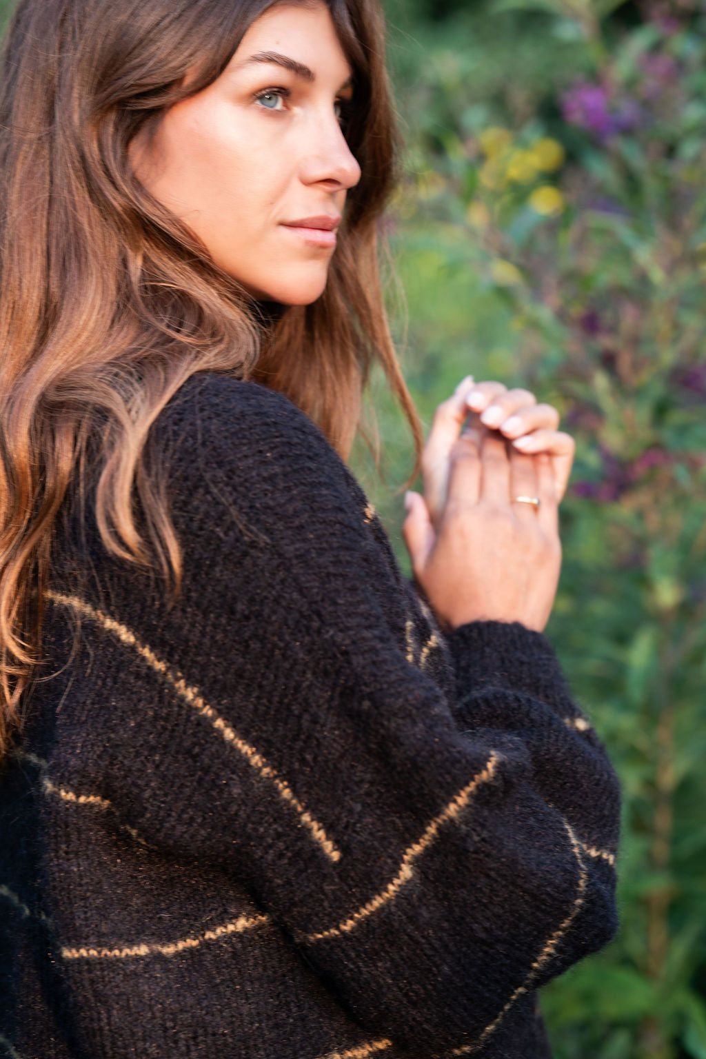 Edith Mohair Pullover Henley Sweater in Black and Moss Stripe Made to Order