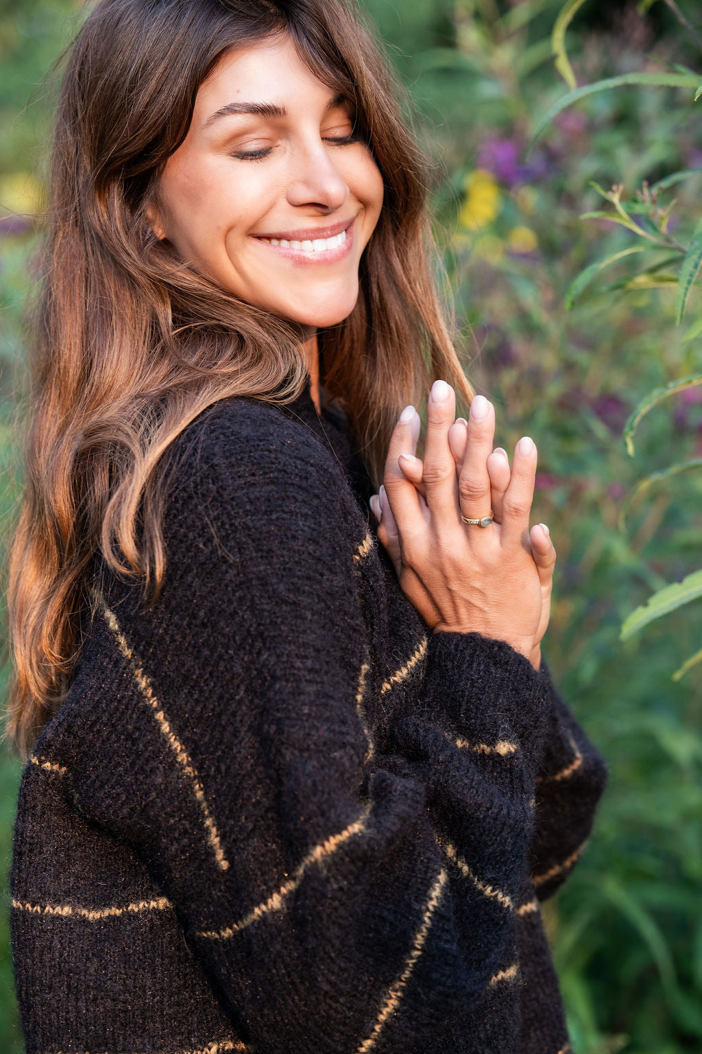 Edith Mohair Pullover Henley Sweater in Black and Moss Stripe Made to Order