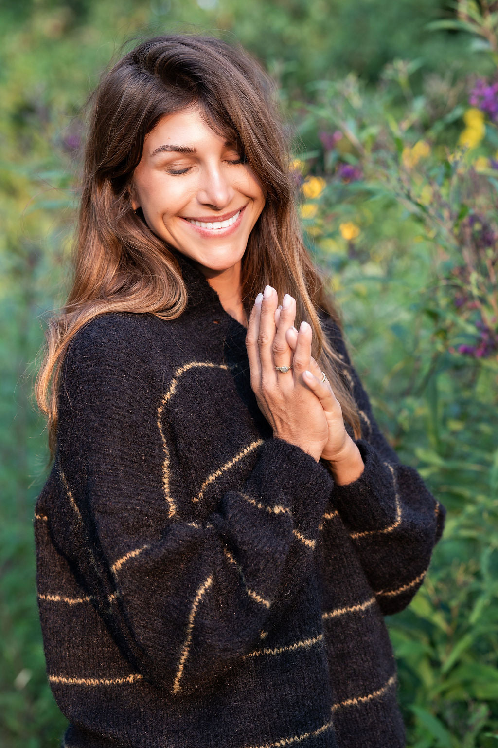 Edith Mohair Pullover Henley Sweater in Black and Moss Stripe Made to Order