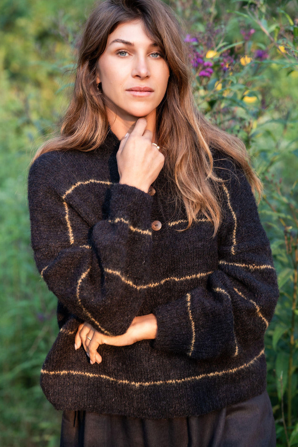 Edith Mohair Pullover Henley Sweater in Black and Moss Stripe Made to Order