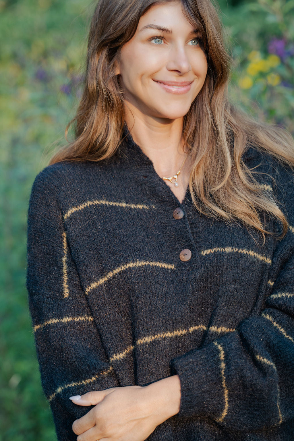 Edith Mohair Pullover Henley Sweater in Black and Moss Stripe Made to Order