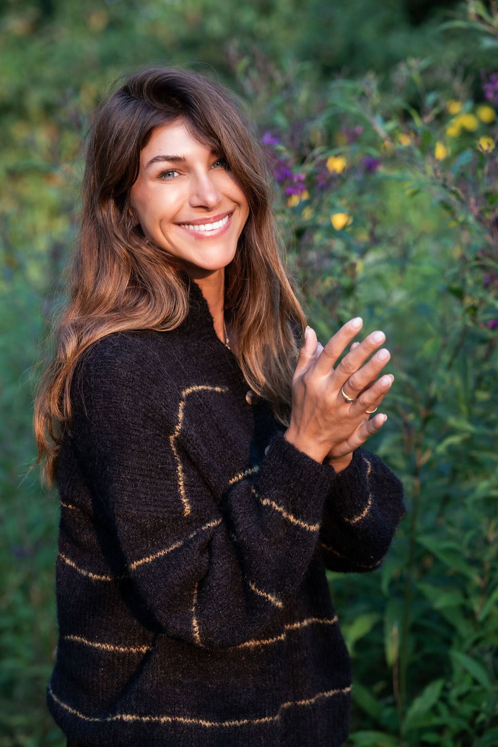 Edith Mohair Pullover Henley Sweater in Black and Moss Stripe Made to Order