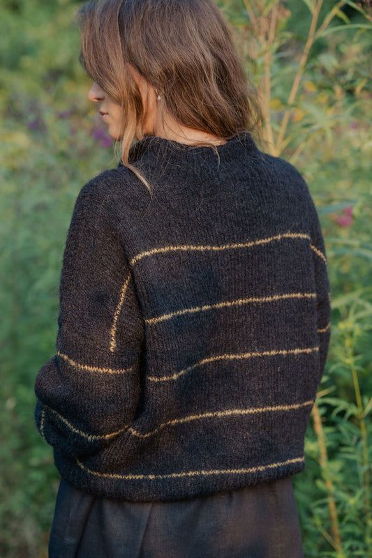 Edith Mohair Pullover Henley Sweater in Black and Moss Stripe Made to Order