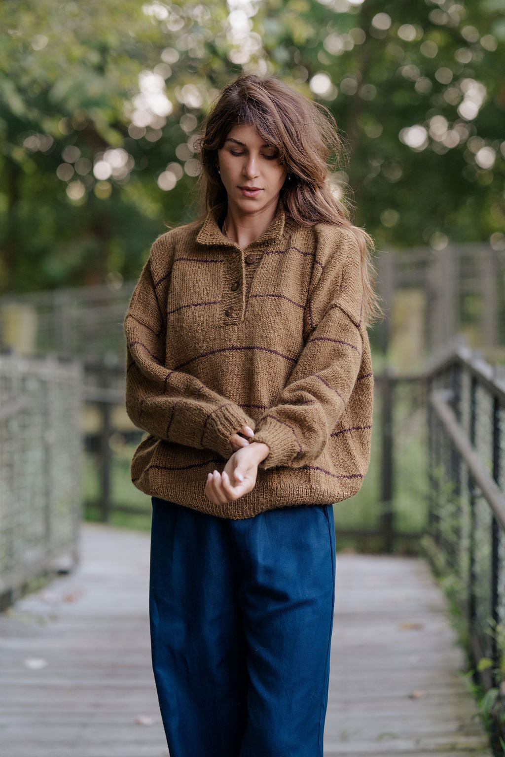 Imogene Oversized Wool Henley in Gold and Burgandy Made to Order