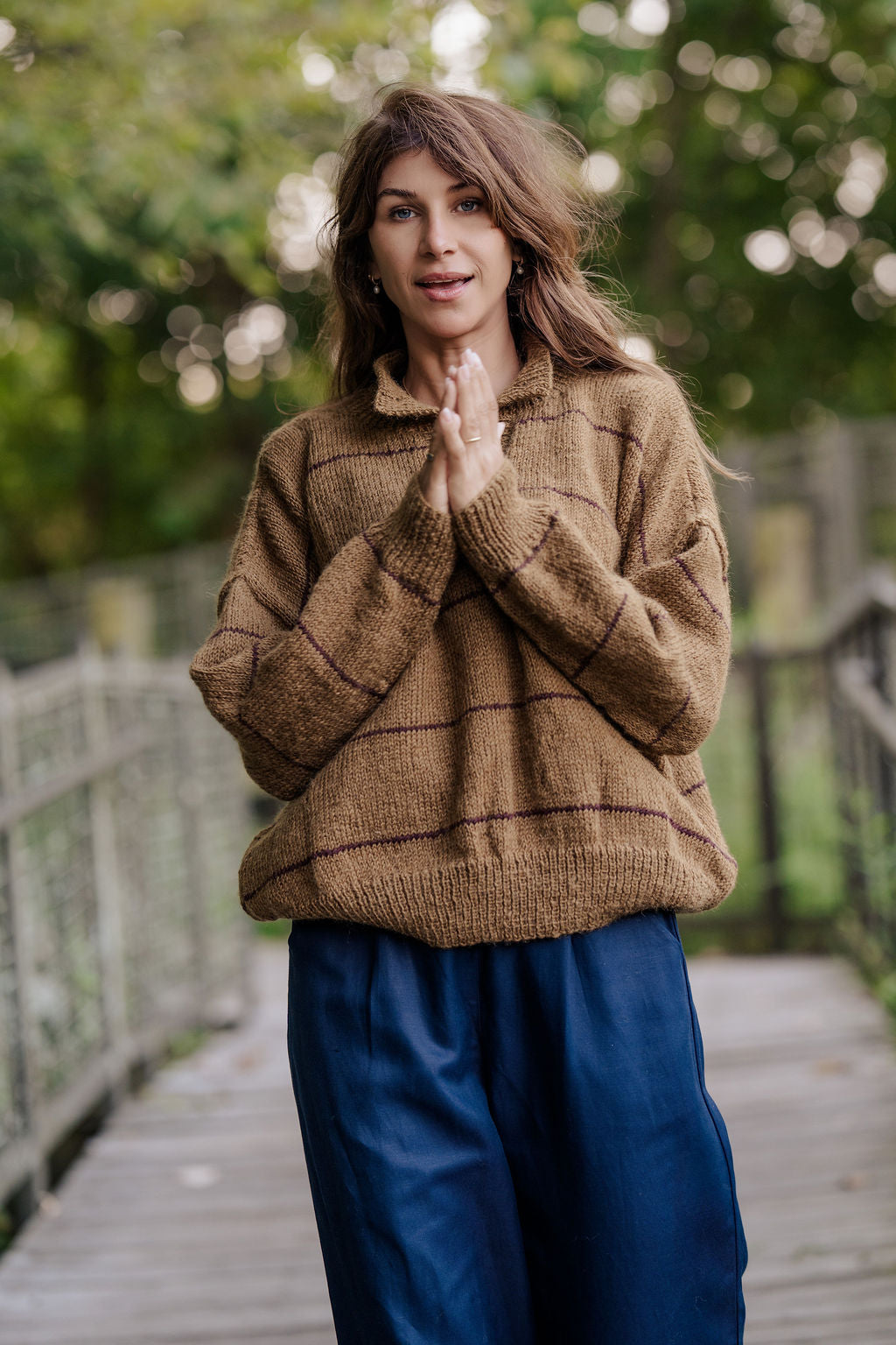 Imogene Oversized Wool Henley in Gold and Burgandy Made to Order