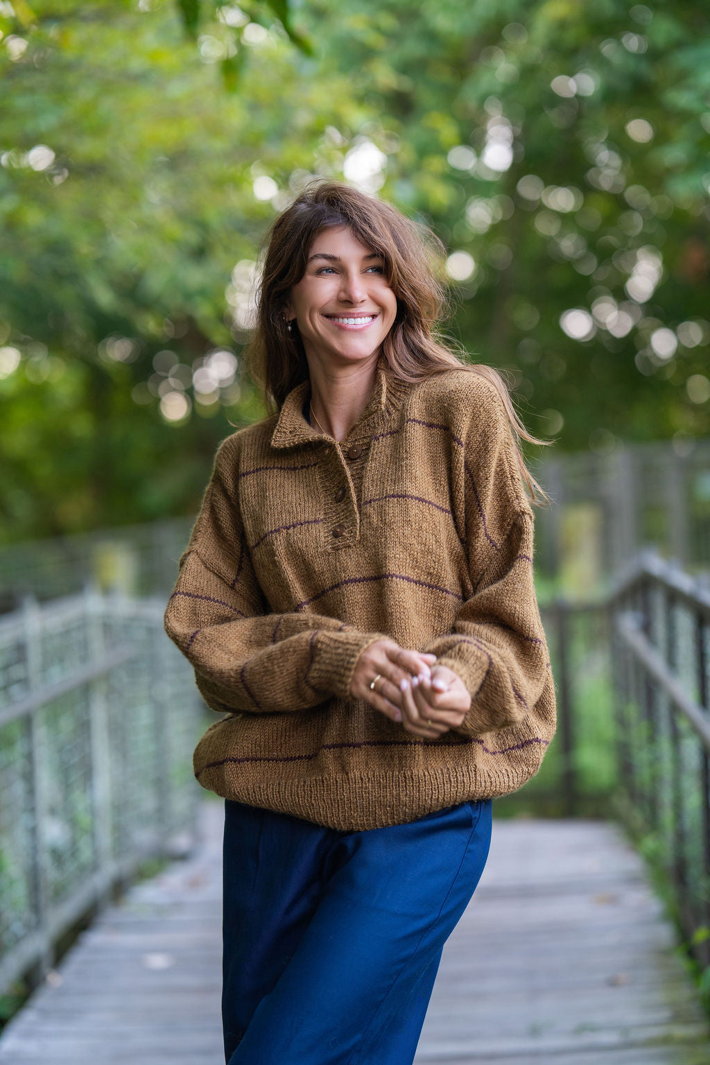 Imogene Oversized Wool Henley in Gold and Burgandy Made to Order