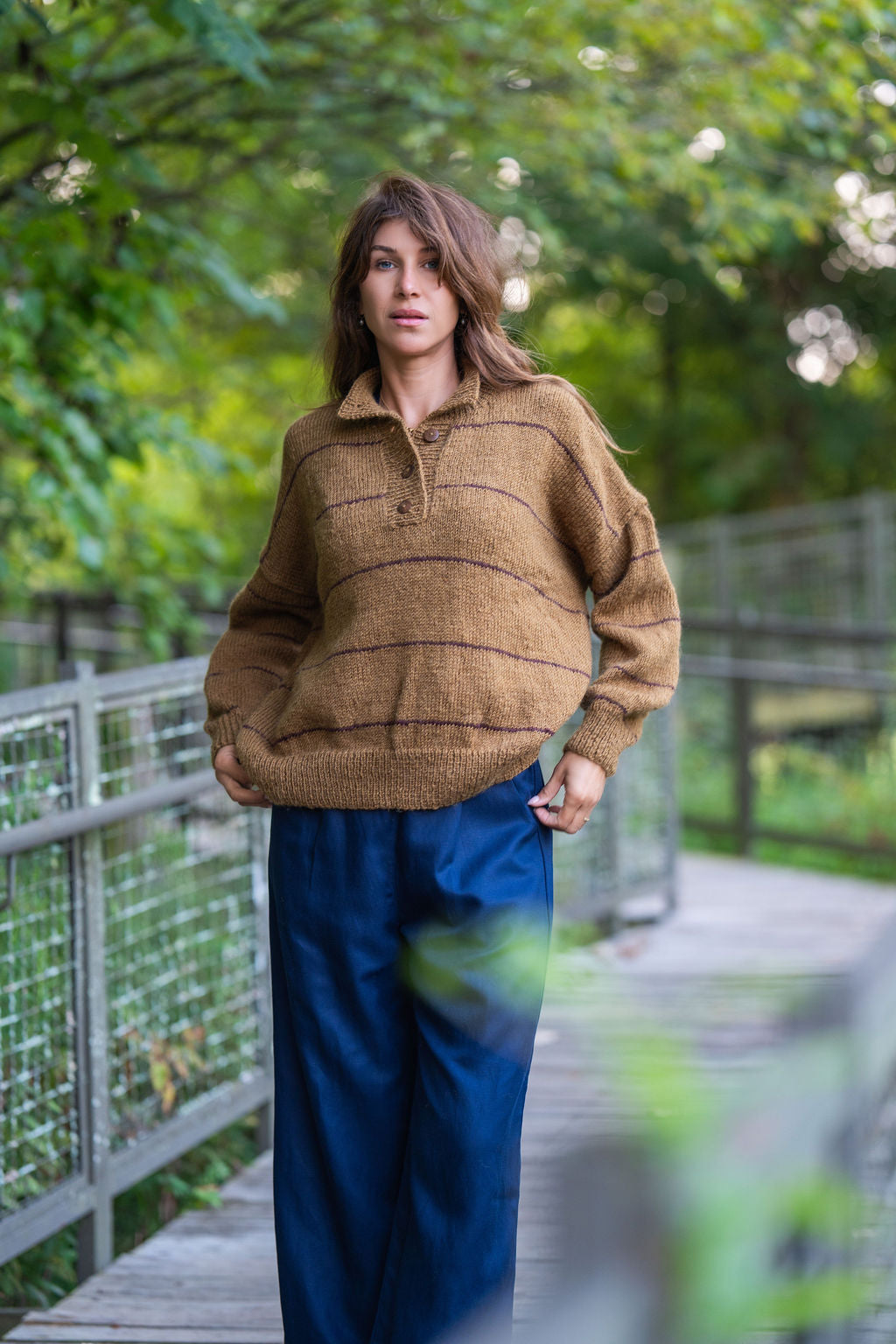 Imogene Oversized Wool Henley in Gold and Burgandy Made to Order