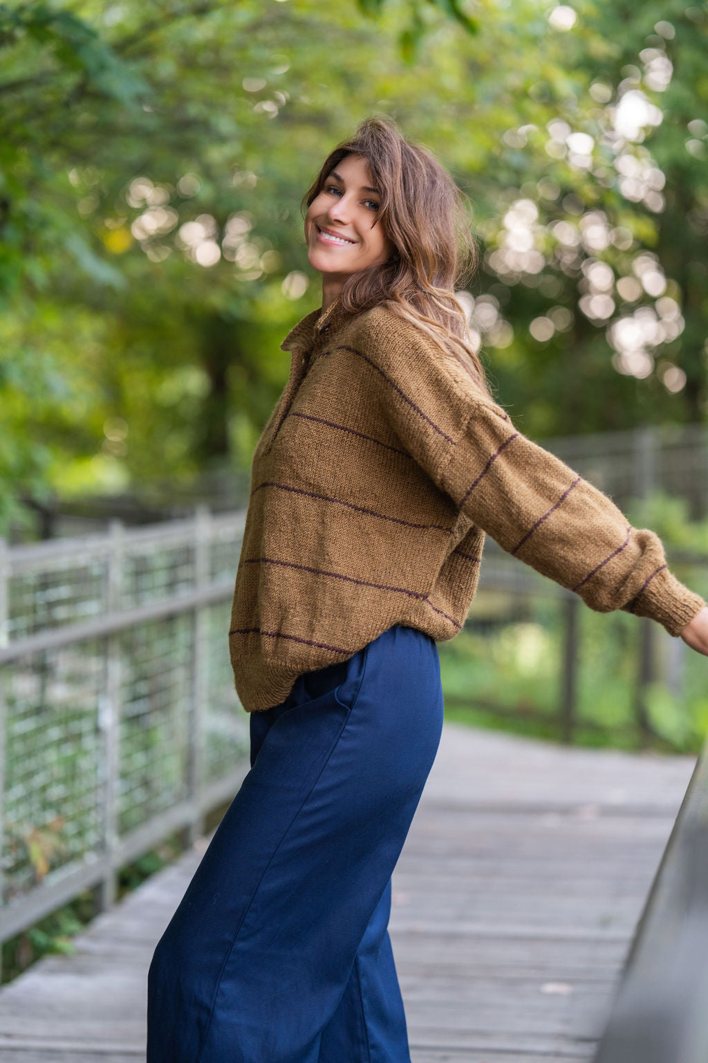 Imogene Oversized Wool Henley in Gold and Burgandy Made to Order