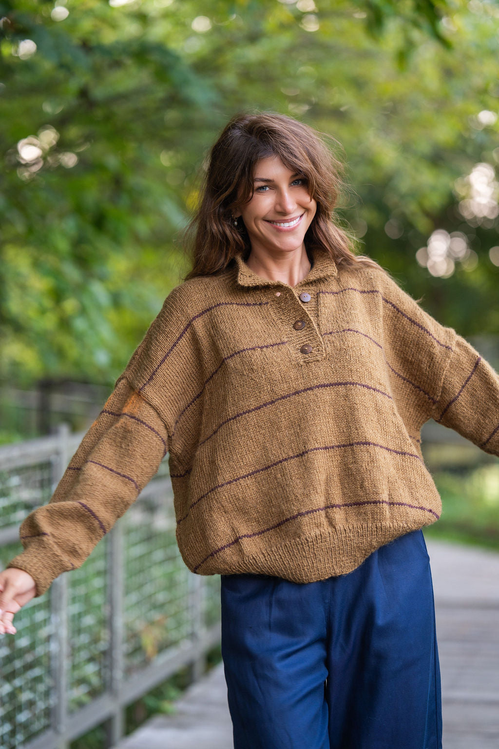 Imogene Oversized Wool Henley in Gold and Burgandy Made to Order