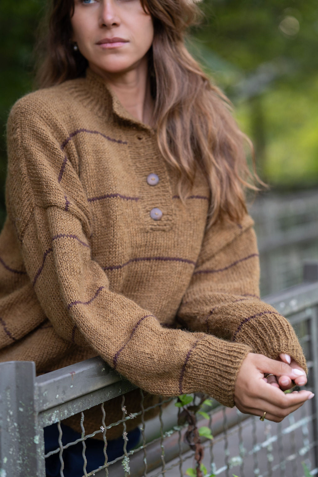 Imogene Oversized Wool Henley in Gold and Burgandy Made to Order