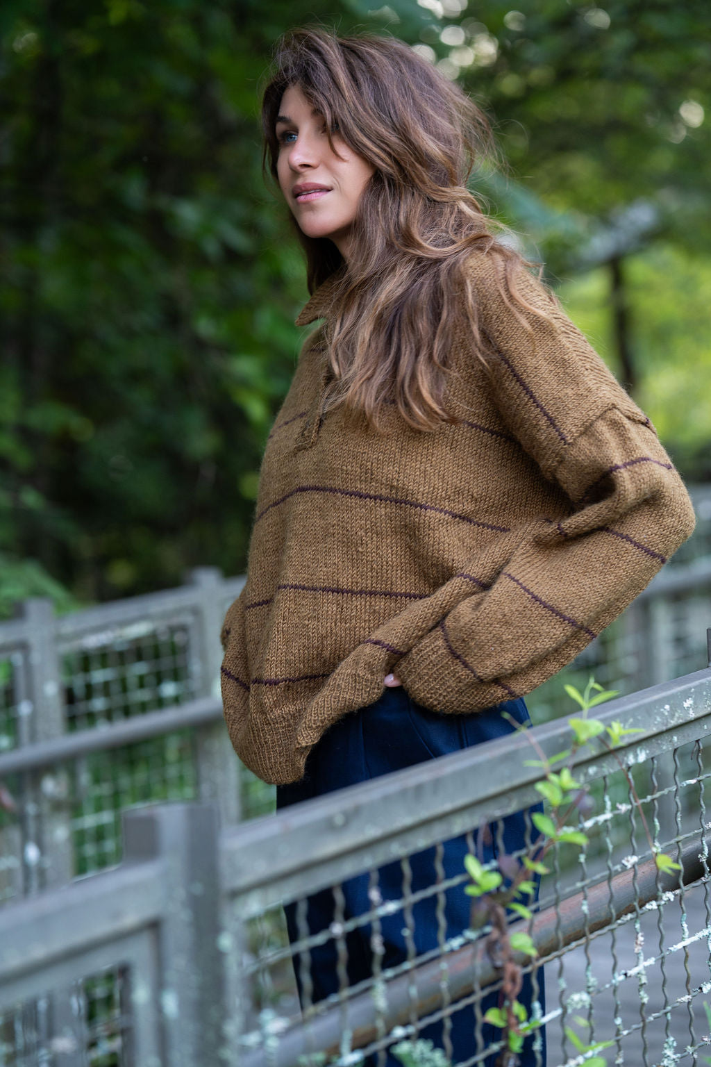 Imogene Oversized Wool Henley in Gold and Burgandy Made to Order