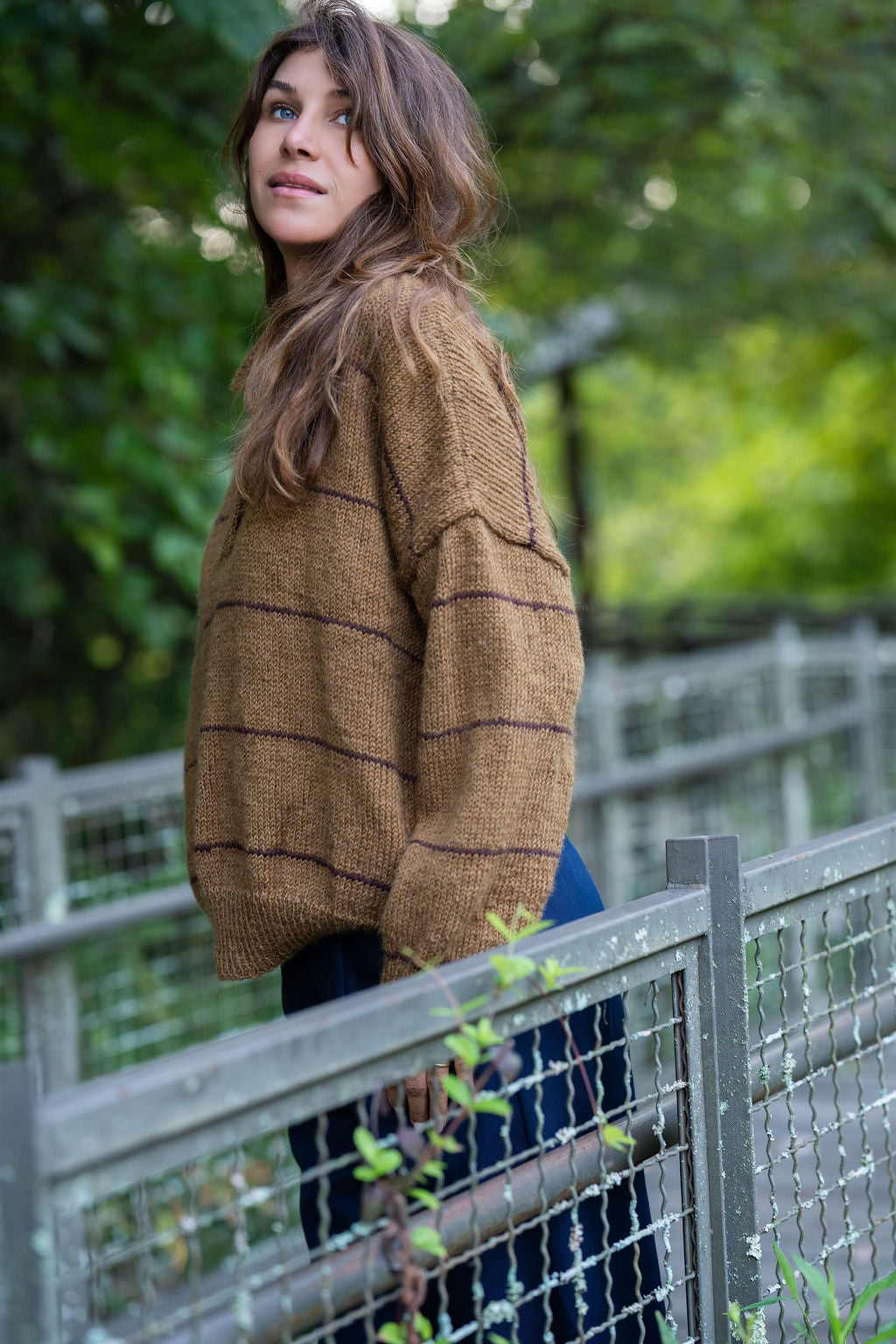 Imogene Oversized Wool Henley in Gold and Burgandy Made to Order