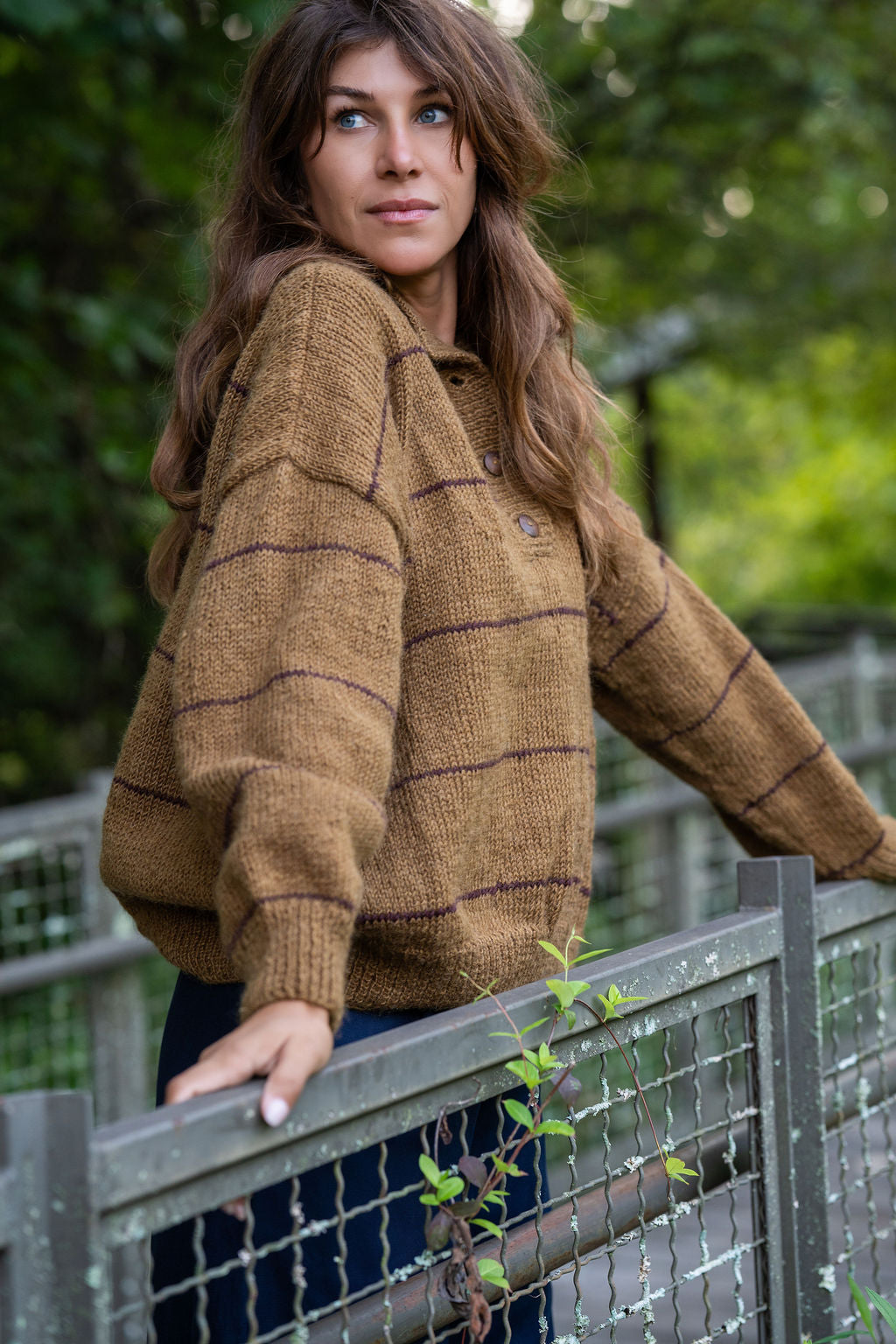 Imogene Oversized Wool Henley in Gold and Burgandy Made to Order