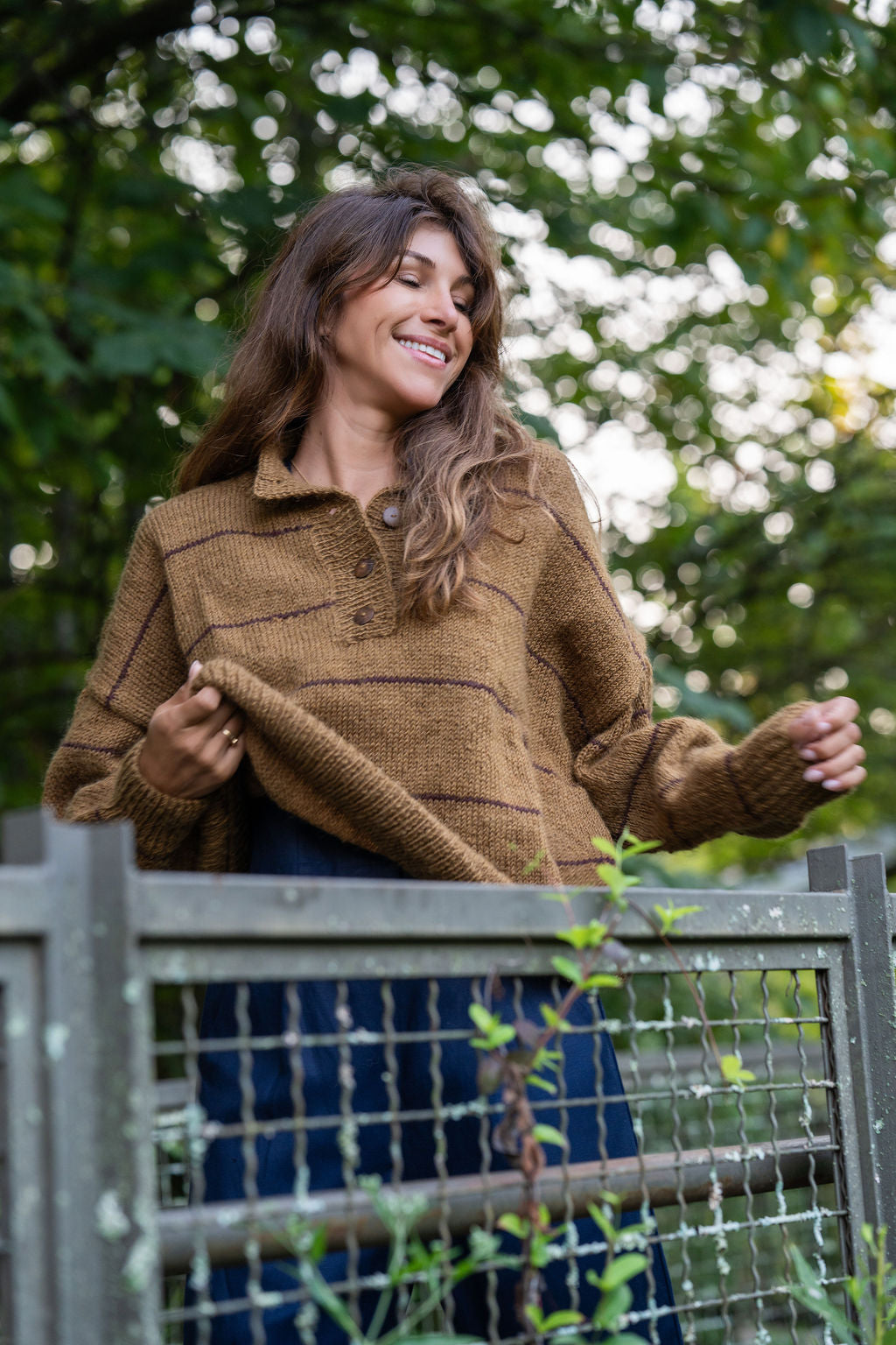 Imogene Oversized Wool Henley in Gold and Burgandy Made to Order