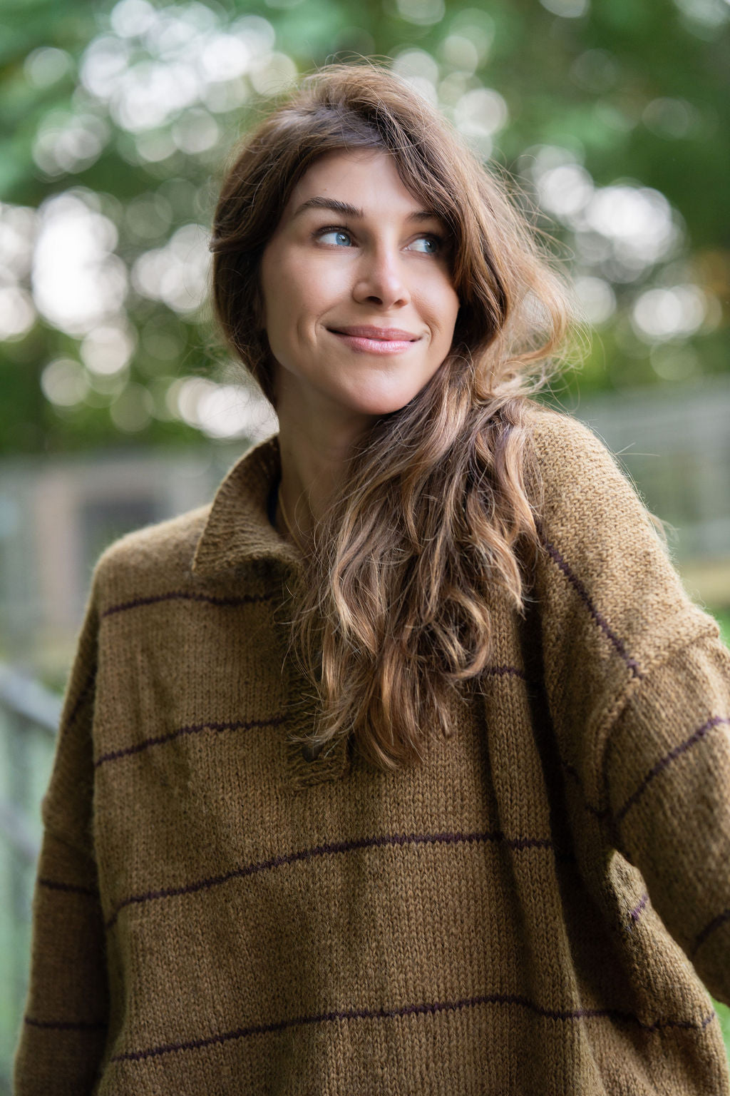 Imogene Oversized Wool Henley in Gold and Burgandy Made to Order