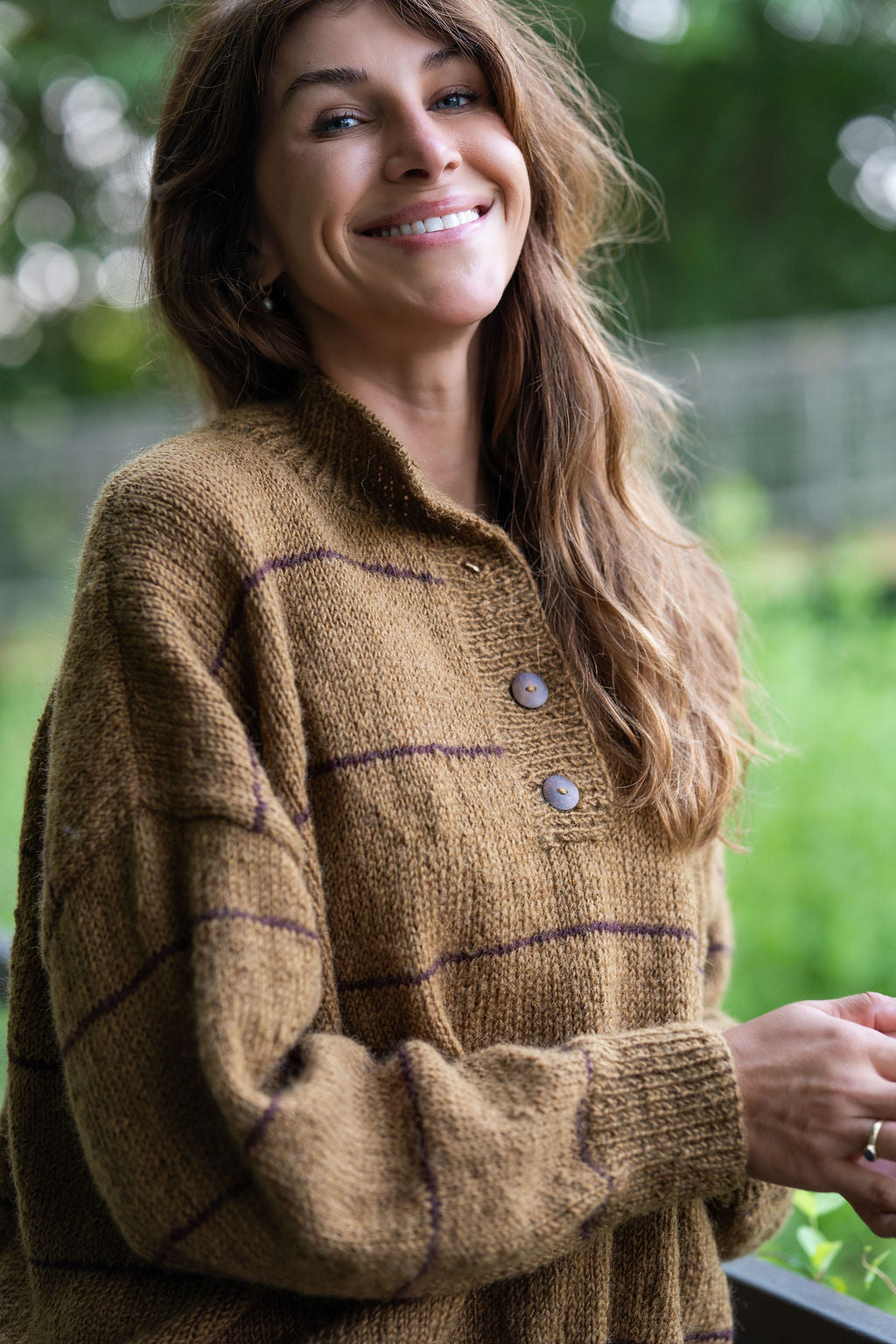 Imogene Oversized Wool Henley in Gold and Burgandy Made to Order