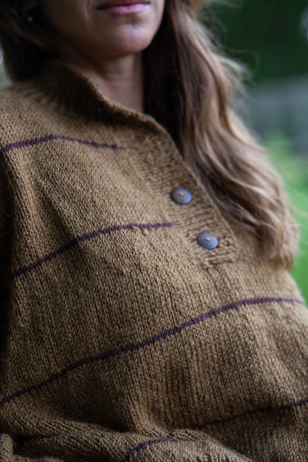 Imogene Oversized Wool Henley in Gold and Burgandy Made to Order