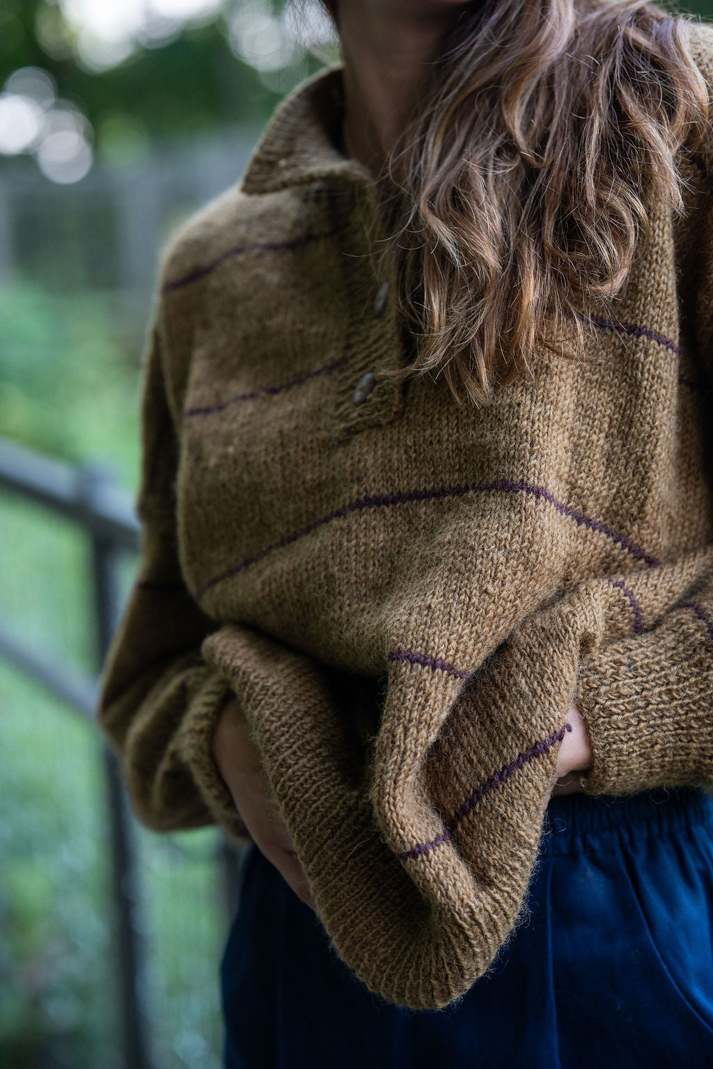 Imogene Oversized Wool Henley in Gold and Burgandy Made to Order