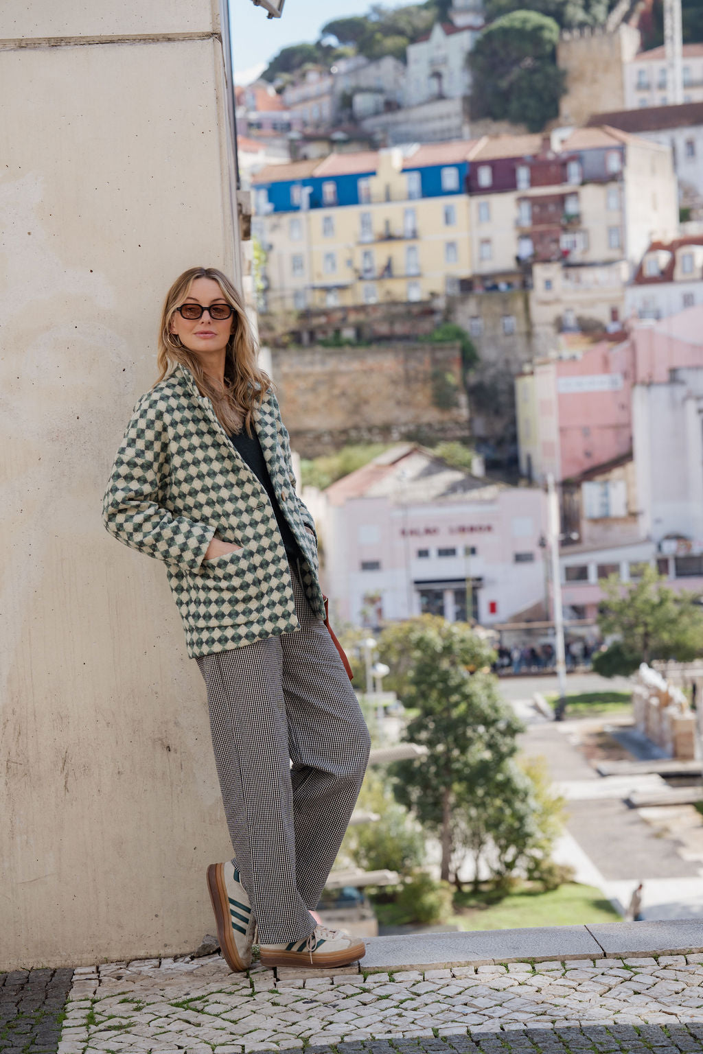 Portuguese Wool Pieper Coat in Sage/Slate and Cream Check Made to Order