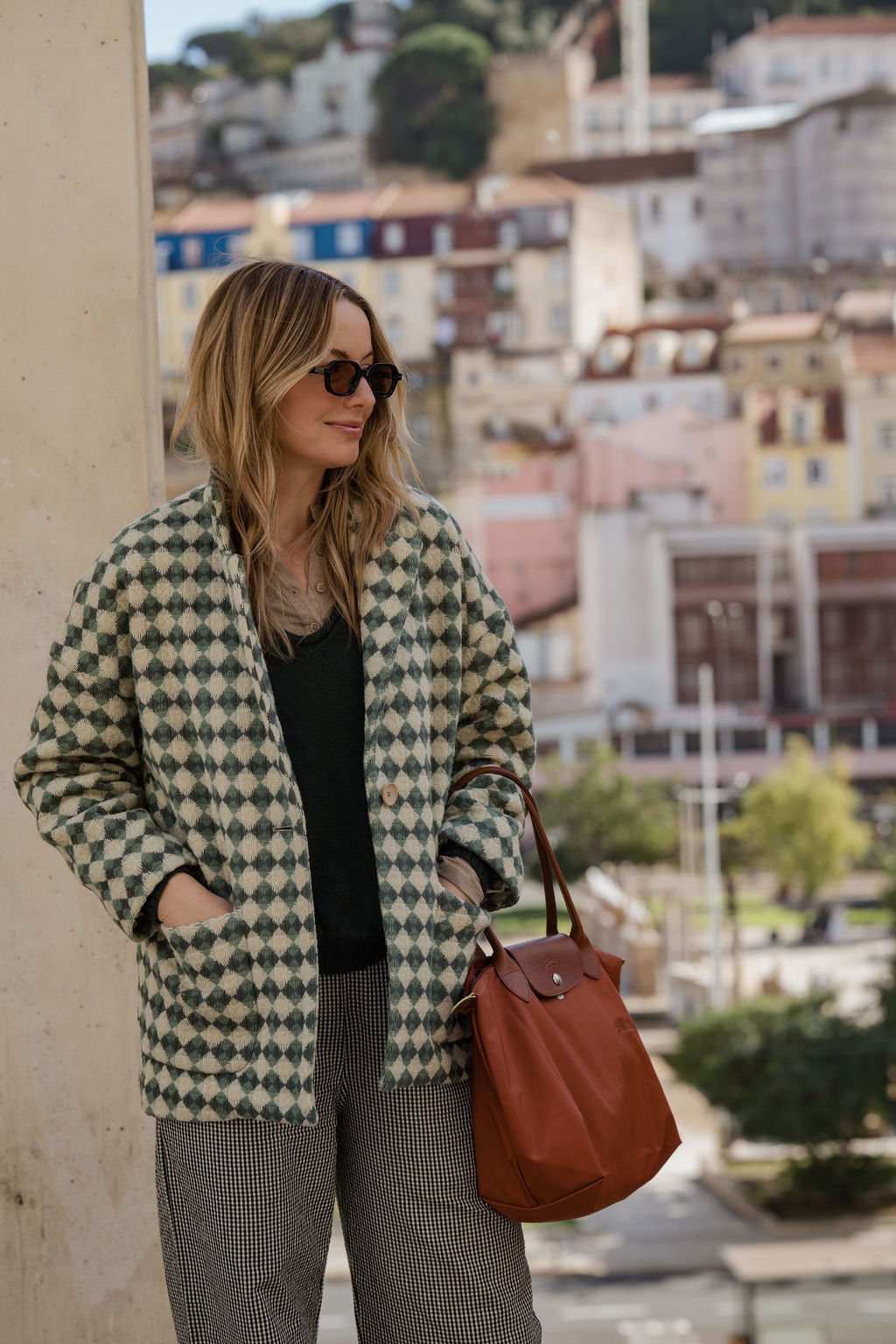 Portuguese Wool Pieper Coat in Sage/Slate and Cream Check Made to Order