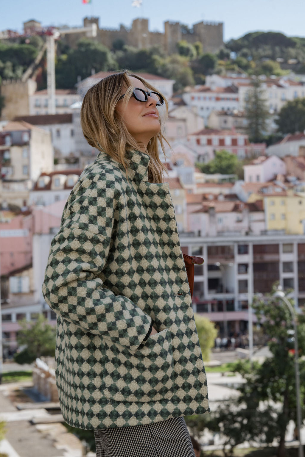 Portuguese Wool Pieper Coat in Sage/Slate and Cream Check Made to Order