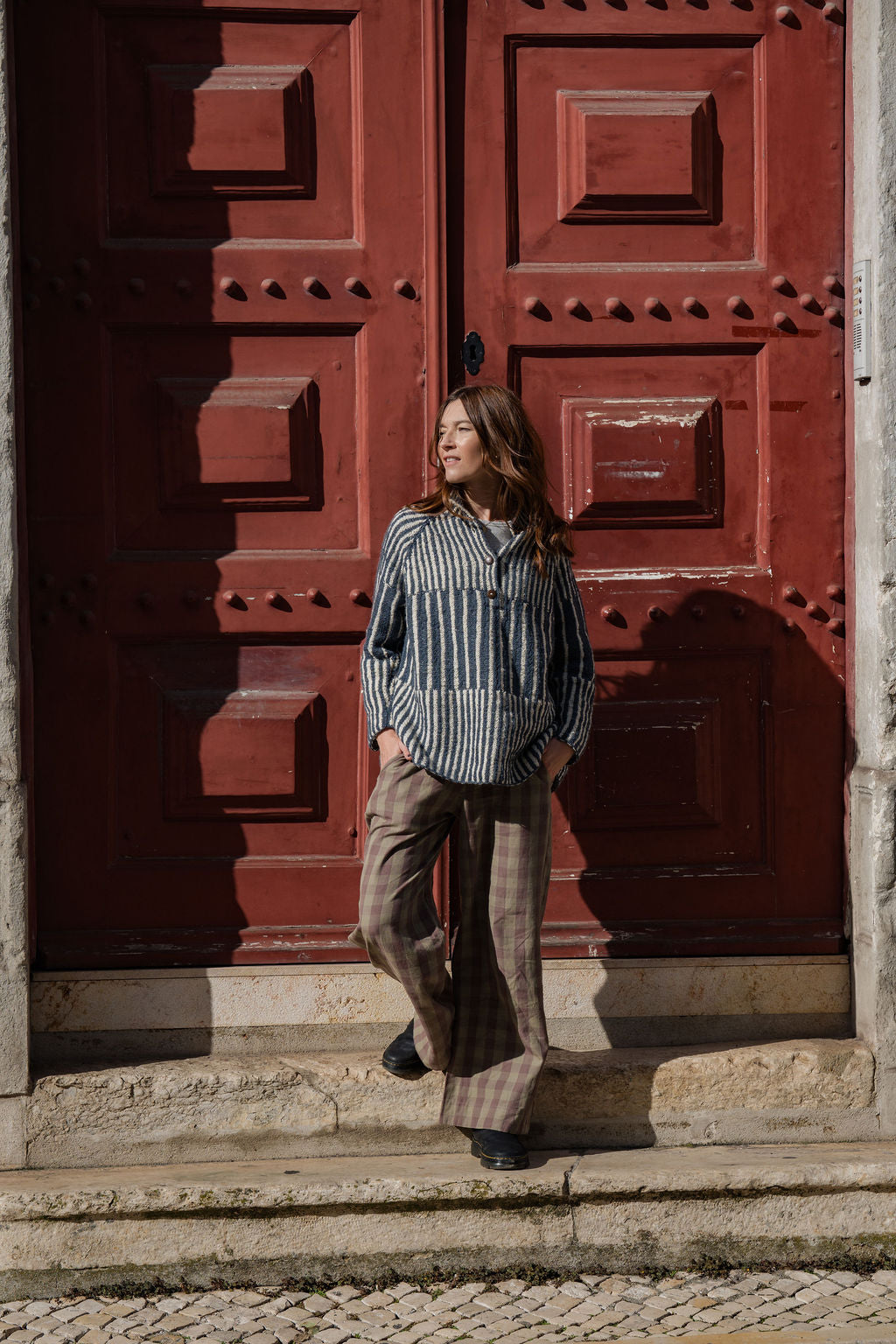 Tiff Oversized Wool Henley in Slate and Cream Made to Order