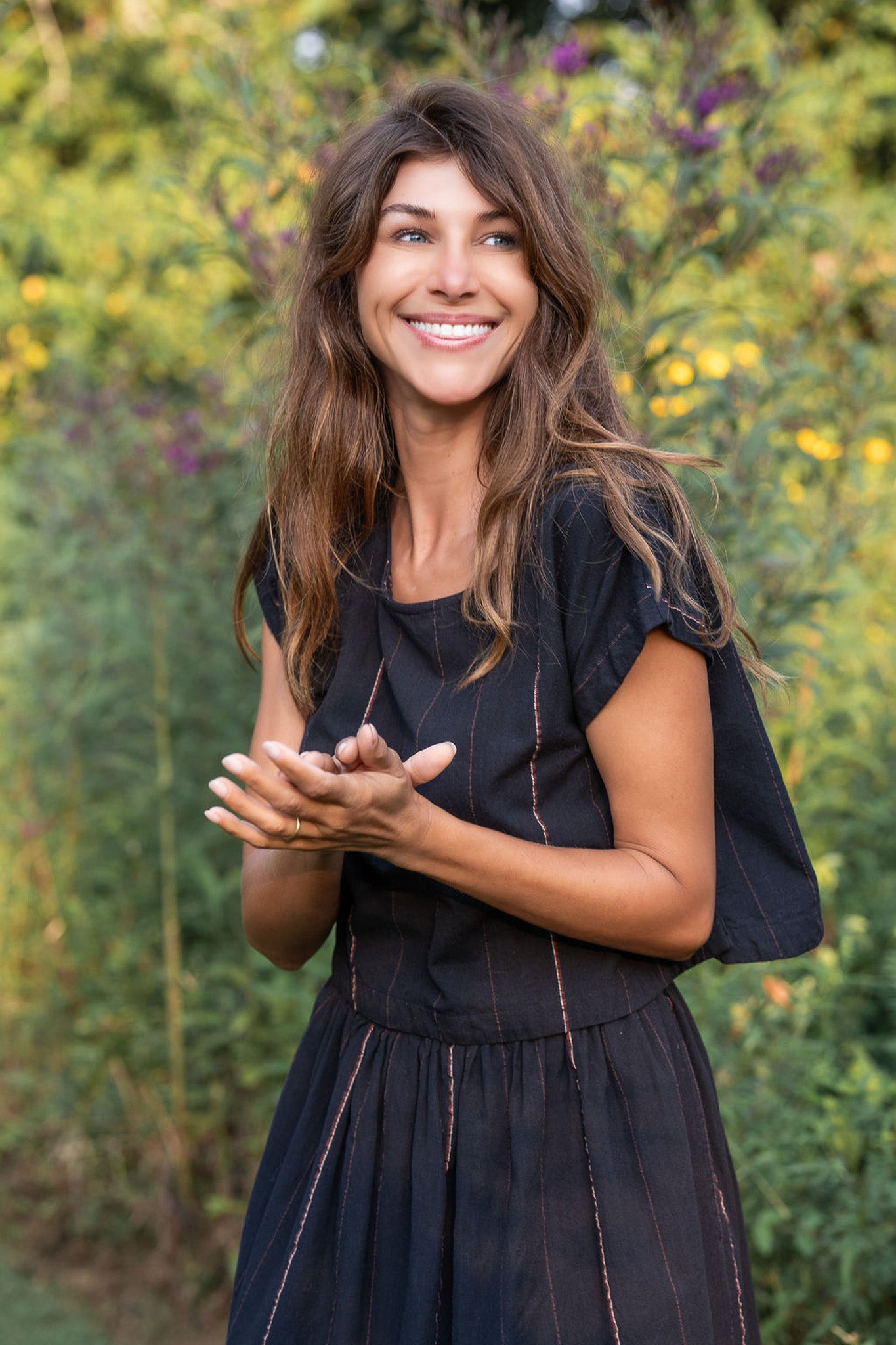 Perry Gathered Midi Skirt in Black Handwoven Cotton