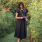Perry Gathered Midi Skirt in Black Handwoven Cotton