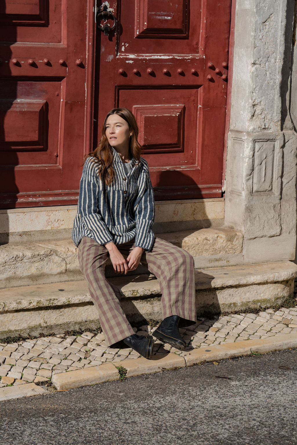 Tiff Oversized Wool Henley in Slate and Cream Made to Order