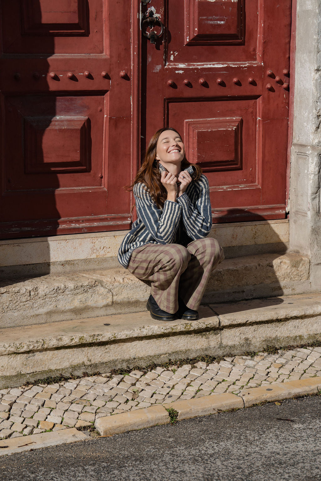 Tiff Oversized Wool Henley in Slate and Cream Made to Order